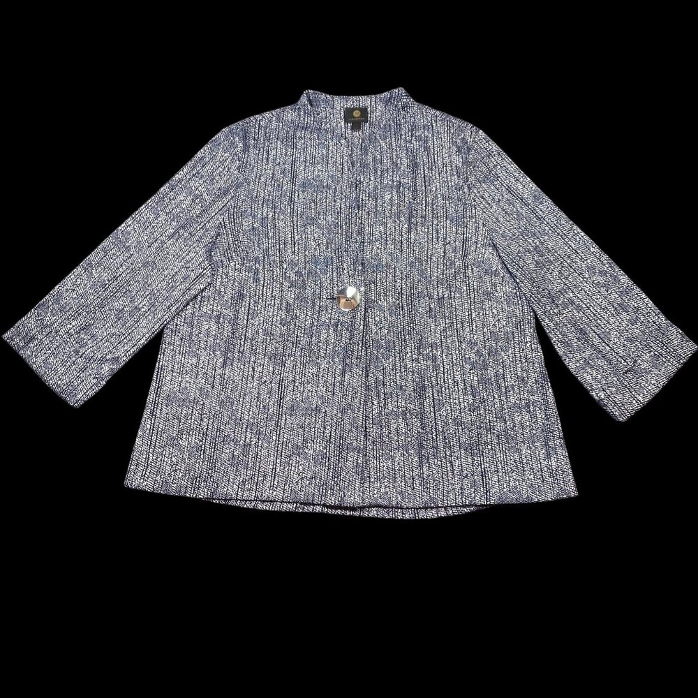 JM Collection Womens Open-Front Textured Blazer Jacket With Button Navy/White L